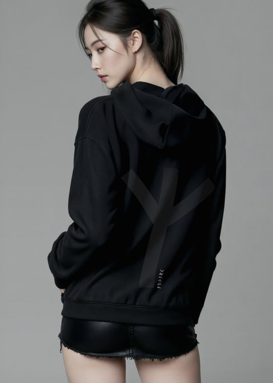 Black Elder Futhark rune hoodie featuring runic symbols across the chest and a large rune graphic on the back, minimalist Viking hoodie inspired by Norse mythology and Nordic runestone designs.