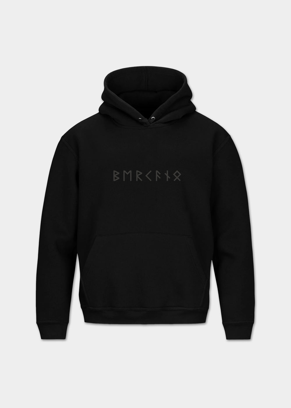 Black Elder Futhark rune hoodie featuring runic symbols across the chest and a large rune graphic on the back, minimalist Viking hoodie inspired by Norse mythology and Nordic runestone designs.
