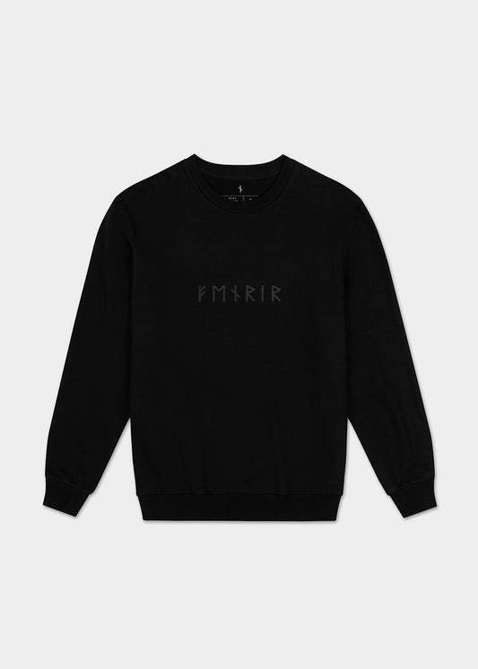 Sleek black Fenrir sweatshirt with a minimalist depiction of Fenrir, the Monstrous Wolf of Norse mythology. Subtle Norse runes and a wolf silhouette capture the essence of Norse legends on this stylish apparel.