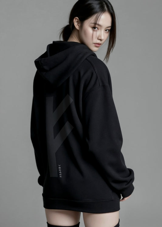 Black Elder Futhark rune hoodie featuring runic symbols across the chest and a large rune graphic on the back, minimalist Viking hoodie inspired by Norse mythology and Nordic runestone designs.