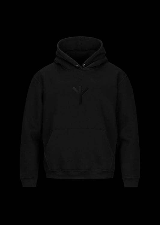 Algiz Rune Black Hoodie combines both Norse Mythology and minimalist aesthetic. Black thread is embroidered on black hoodie. If Norse Mythology and minimalism is your thing, this is for you.