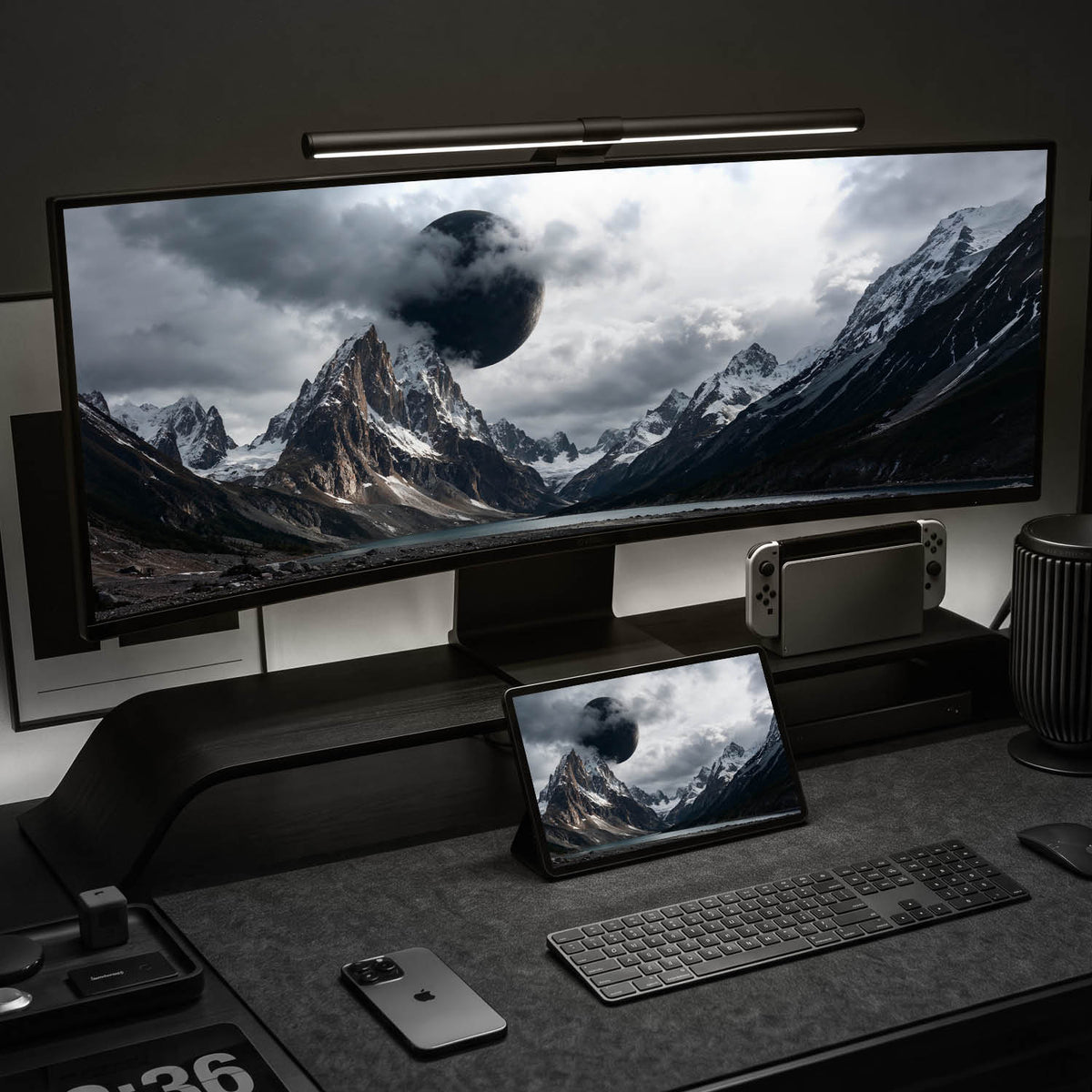 Dramatic dark fantasy artwork of Prophecy of Asgard featuring towering jagged Nordic mountain peaks under storm clouds, pre-cropped and optimized for 21:9 ultrawide desktop monitors, iPad tablet displays, and 9:16 mobile phone lock screens in native 4K resolution.