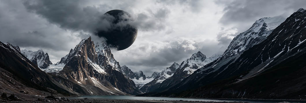Dramatic dark fantasy artwork of Prophecy of Asgard featuring towering jagged Nordic mountain peaks under storm clouds, pre-cropped and optimized for 21:9 ultrawide desktop monitors, iPad tablet displays, and 9:16 mobile phone lock screens in native 4K resolution.