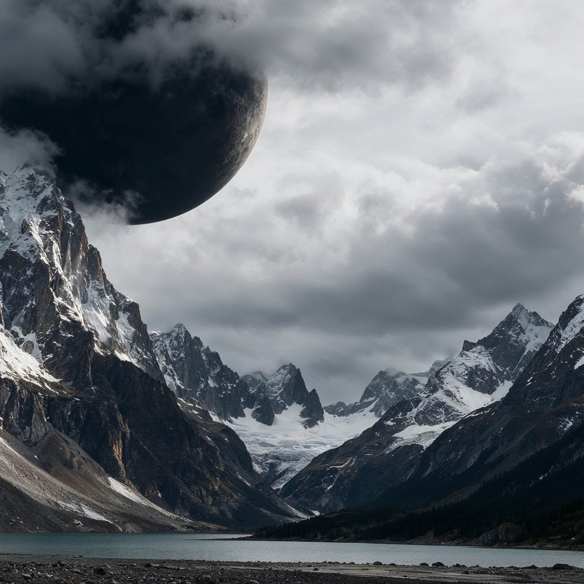 Dramatic dark fantasy artwork of Prophecy of Asgard featuring towering jagged Nordic mountain peaks under storm clouds, pre-cropped and optimized for 21:9 ultrawide desktop monitors, iPad tablet displays, and 9:16 mobile phone lock screens in native 4K resolution.