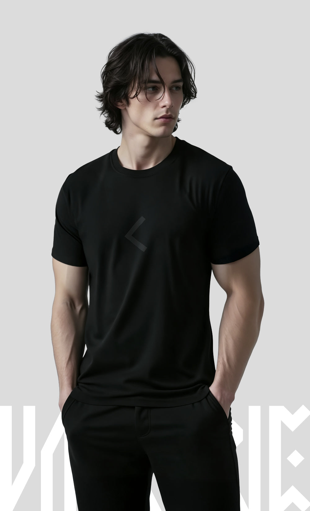 Black minimalist t-shirt featuring the Elder Futhark Kenaz rune — symbol of fire, transformation, and inner illumination. Designed for modern Vikings seeking sleek, Norse-inspired apparel. Part of Nordikido’s premium monochrome collection.