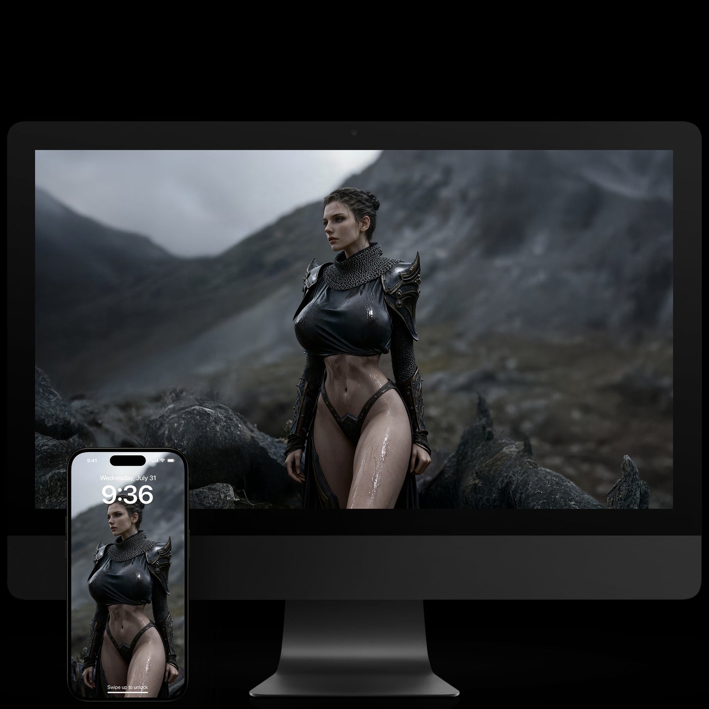 Seductive Valkyrie Brynhildr in golden armor; a high-resolution epic fantasy desktop wallpaper featuring cinematic lighting, Norse warrior aesthetic, and a powerful, high-contrast dark fantasy art style.