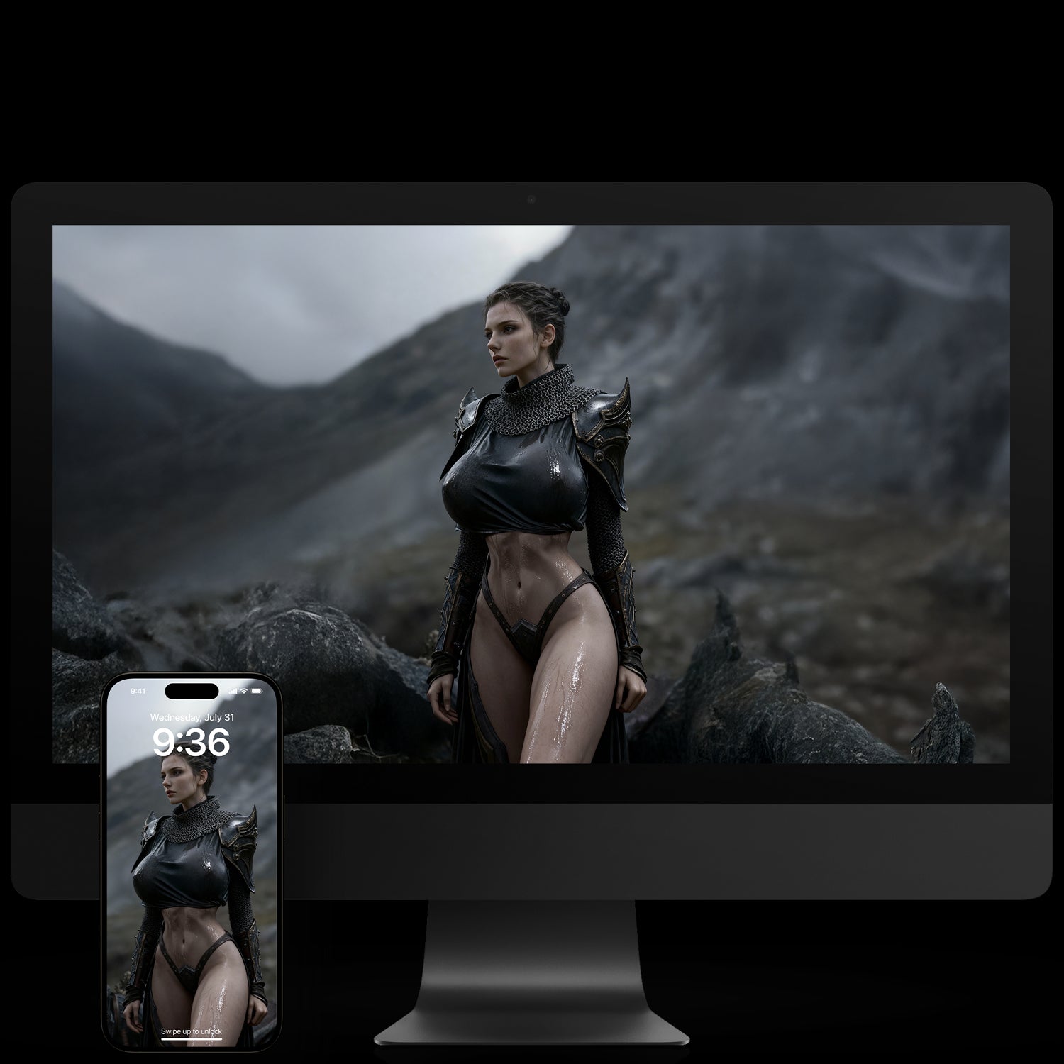 Seductive Valkyrie Brynhildr in golden armor; a high-resolution epic fantasy desktop wallpaper featuring cinematic lighting, Norse warrior aesthetic, and a powerful, high-contrast dark fantasy art style.