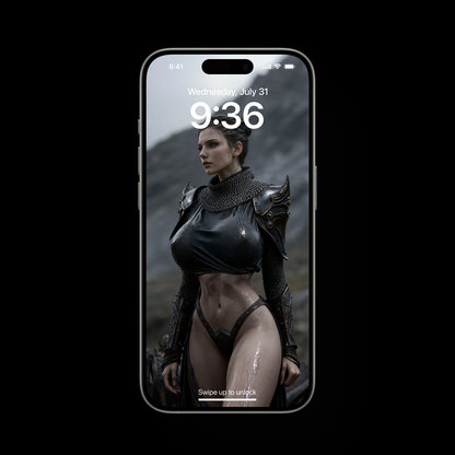 Seductive Valkyrie Brynhildr in golden armor; a high-resolution epic fantasy desktop wallpaper featuring cinematic lighting, Norse warrior aesthetic, and a powerful, high-contrast dark fantasy art style.