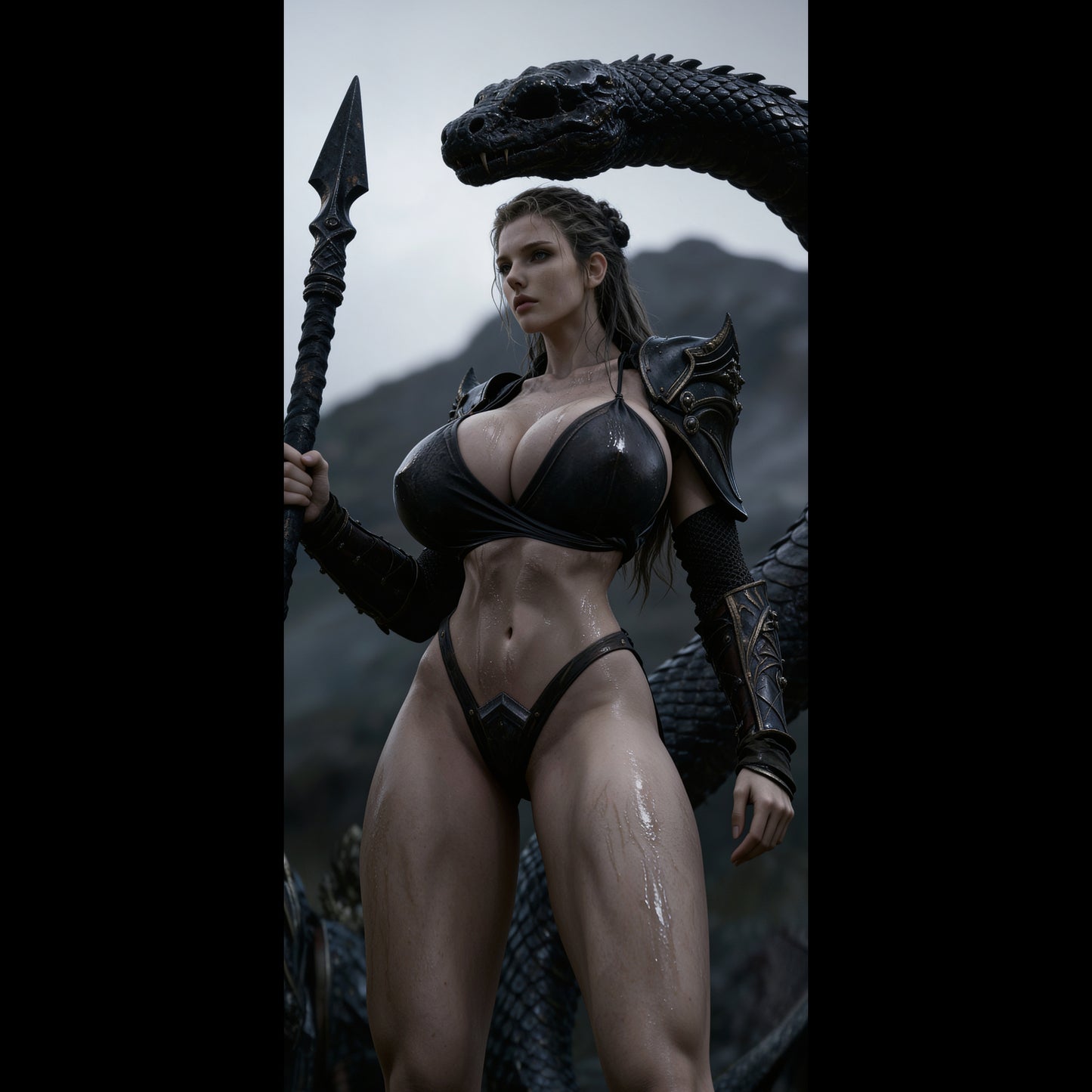 A sexy Valkyrie, Brynhildr, defeated a huge black snake. A high-resolution mobile wallpaper of the Norse goddess Idunn standing against a misty mountain backdrop. She wears ornate black leather armor that highlights her athletic figure and narrow waist. Her skin is glistening, and her intense gaze creates a powerful, ethereal presence in a cinematic dark fantasy style.