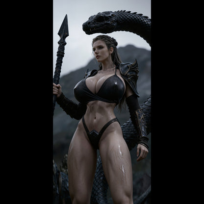 A sexy Valkyrie, Brynhildr, defeated a huge black snake. A high-resolution mobile wallpaper of the Norse goddess Idunn standing against a misty mountain backdrop. She wears ornate black leather armor that highlights her athletic figure and narrow waist. Her skin is glistening, and her intense gaze creates a powerful, ethereal presence in a cinematic dark fantasy style.