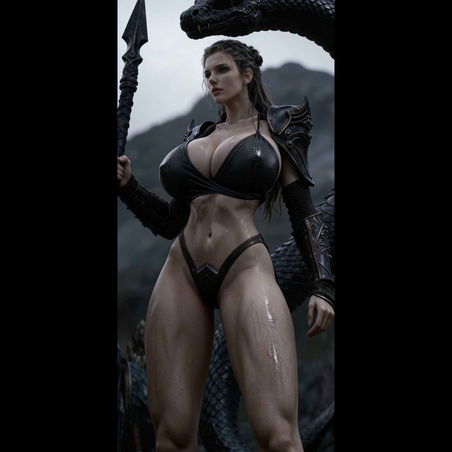 A sexy Valkyrie, Brynhildr, defeated a huge black snake. A high-resolution mobile wallpaper of the Norse goddess Idunn standing against a misty mountain backdrop. She wears ornate black leather armor that highlights her athletic figure and narrow waist. Her skin is glistening, and her intense gaze creates a powerful, ethereal presence in a cinematic dark fantasy style.