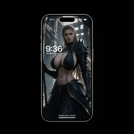 Brynhildr’s Descent 4K mobile wallpaper displaying an athletic Valkyrie warrior in dark, spiky Norse armor holding a spear inside ruined stone ruins, designed as a high-resolution dark fantasy background for modern smartphone lock screens.
