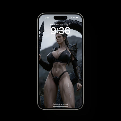 A sexy Valkyrie, Brynhildr, defeated a huge black snake. A high-resolution mobile wallpaper of the Norse goddess Idunn standing against a misty mountain backdrop. She wears ornate black leather armor that highlights her athletic figure and narrow waist. Her skin is glistening, and her intense gaze creates a powerful, ethereal presence in a cinematic dark fantasy style.