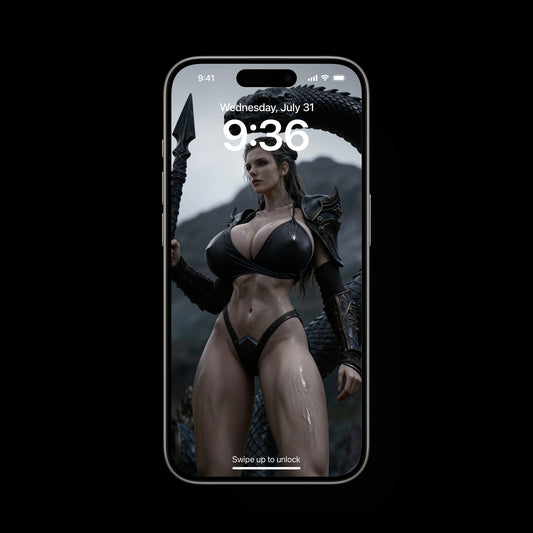 A sexy Valkyrie, Brynhildr, defeated a huge black snake. A high-resolution mobile wallpaper of the Norse goddess Idunn standing against a misty mountain backdrop. She wears ornate black leather armor that highlights her athletic figure and narrow waist. Her skin is glistening, and her intense gaze creates a powerful, ethereal presence in a cinematic dark fantasy style.