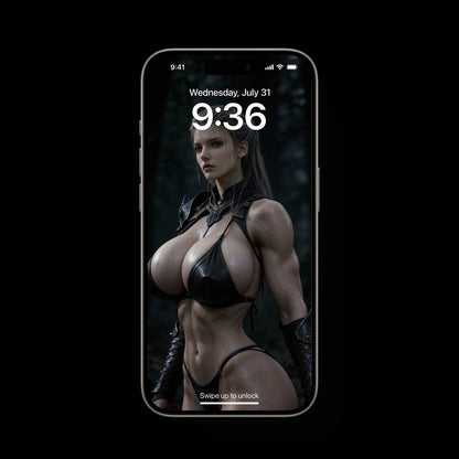 Brynhildr’s Physique 4K dark fantasy mobile wallpaper, featuring a muscular warrior Valkyrie in detailed dark leather armor with a high-contrast dark forest background. Engineered for OLED phone lock screens and home screen setups on iOS and Android displays, bringing hyper-detailed Norse mythology art and dark fantasy aesthetic to life.