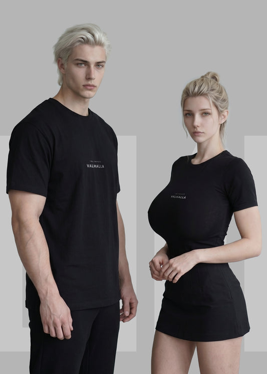 Ultra-minimalist black T-shirt featuring small white text on the chest that reads, "I Will Lead You to Valhalla." Clean, understated design with a Norse-inspired aesthetic.