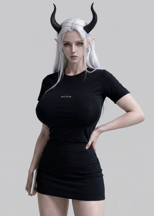 Ultra-minimalist black T-shirt featuring small white text on the chest that reads, "Follow Me to Helheim." Simple, modern design inspired by Norse mythology with a subtle and understated look.