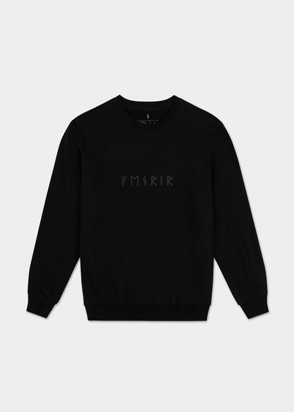 Sleek black Fenrir sweatshirt with a minimalist depiction of Fenrir, the Monstrous Wolf of Norse mythology. Subtle Norse runes and a wolf silhouette capture the essence of Norse legends on this stylish apparel.