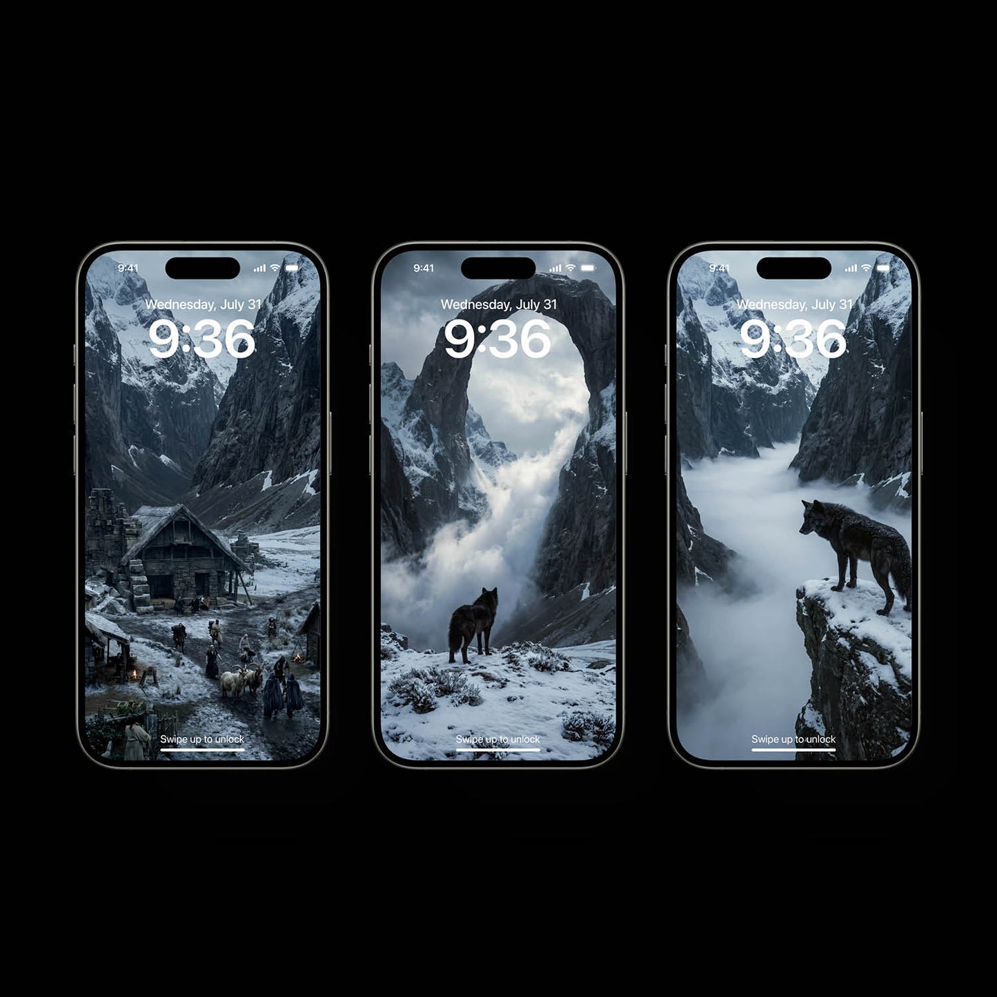 An atmospheric, 4K phone background depicting a colossal frost giant from Norse mythology towering over a misty mountain valley. The giant features glowing ice-blue eyes and a frozen beard, shrouded in thick clouds. In the foreground, a lone wolf stands sentinel on a jagged, snow-dusted cliff edge, looking up at the immense entity. The scene is cinematic, dark, and filled with a sense of mythic scale.
