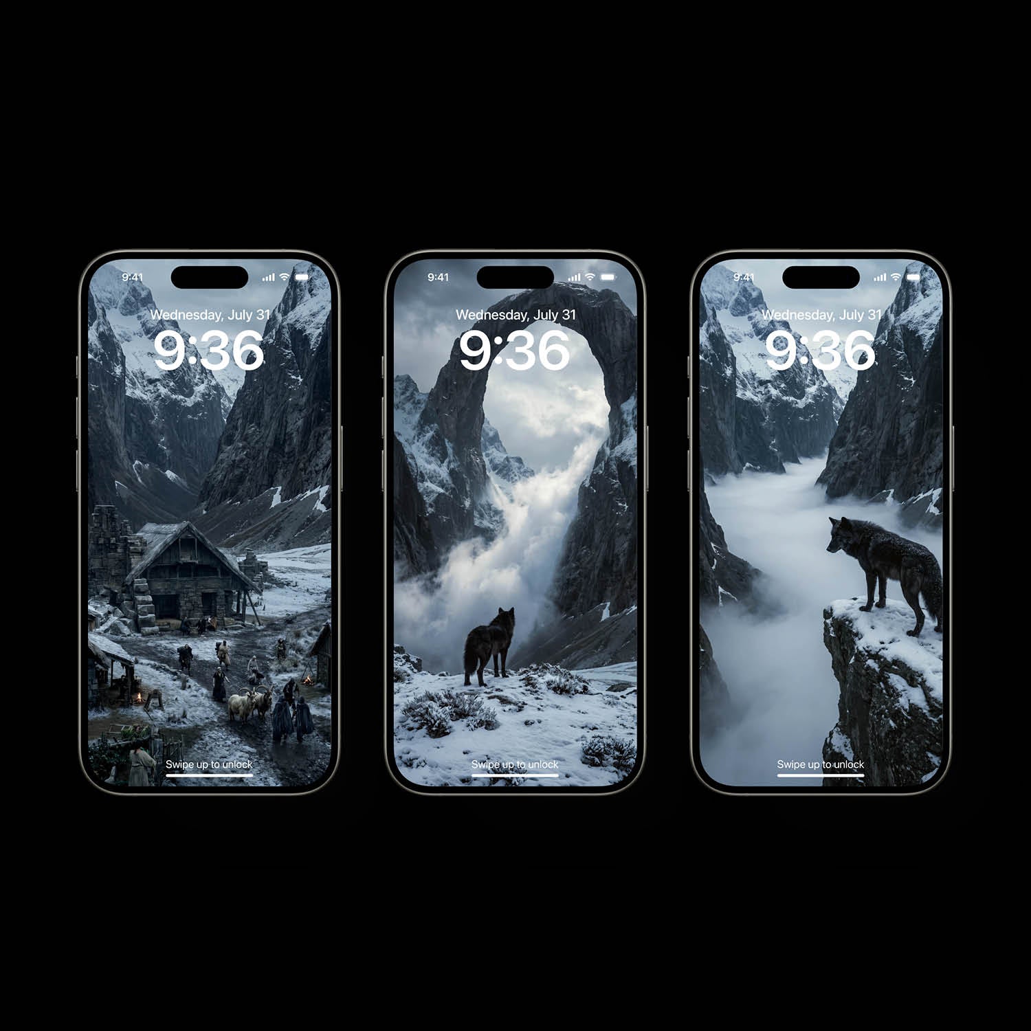 An atmospheric, 4K phone background depicting a colossal frost giant from Norse mythology towering over a misty mountain valley. The giant features glowing ice-blue eyes and a frozen beard, shrouded in thick clouds. In the foreground, a lone wolf stands sentinel on a jagged, snow-dusted cliff edge, looking up at the immense entity. The scene is cinematic, dark, and filled with a sense of mythic scale.