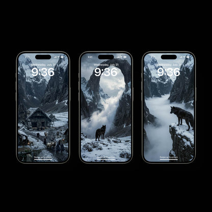 An atmospheric, 4K phone background depicting a colossal frost giant from Norse mythology towering over a misty mountain valley. The giant features glowing ice-blue eyes and a frozen beard, shrouded in thick clouds. In the foreground, a lone wolf stands sentinel on a jagged, snow-dusted cliff edge, looking up at the immense entity. The scene is cinematic, dark, and filled with a sense of mythic scale.
