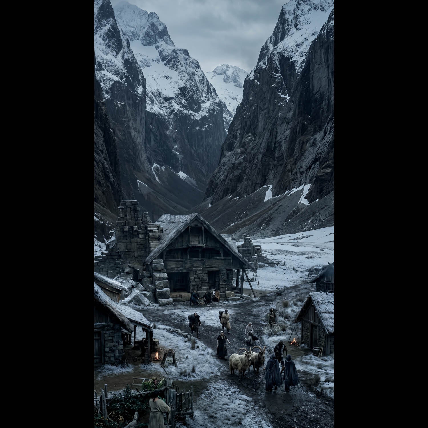 An atmospheric, 4K phone background depicting a colossal frost giant from Norse mythology towering over a misty mountain valley. The giant features glowing ice-blue eyes and a frozen beard, shrouded in thick clouds. In the foreground, a lone wolf stands sentinel on a jagged, snow-dusted cliff edge, looking up at the immense entity. The scene is cinematic, dark, and filled with a sense of mythic scale.