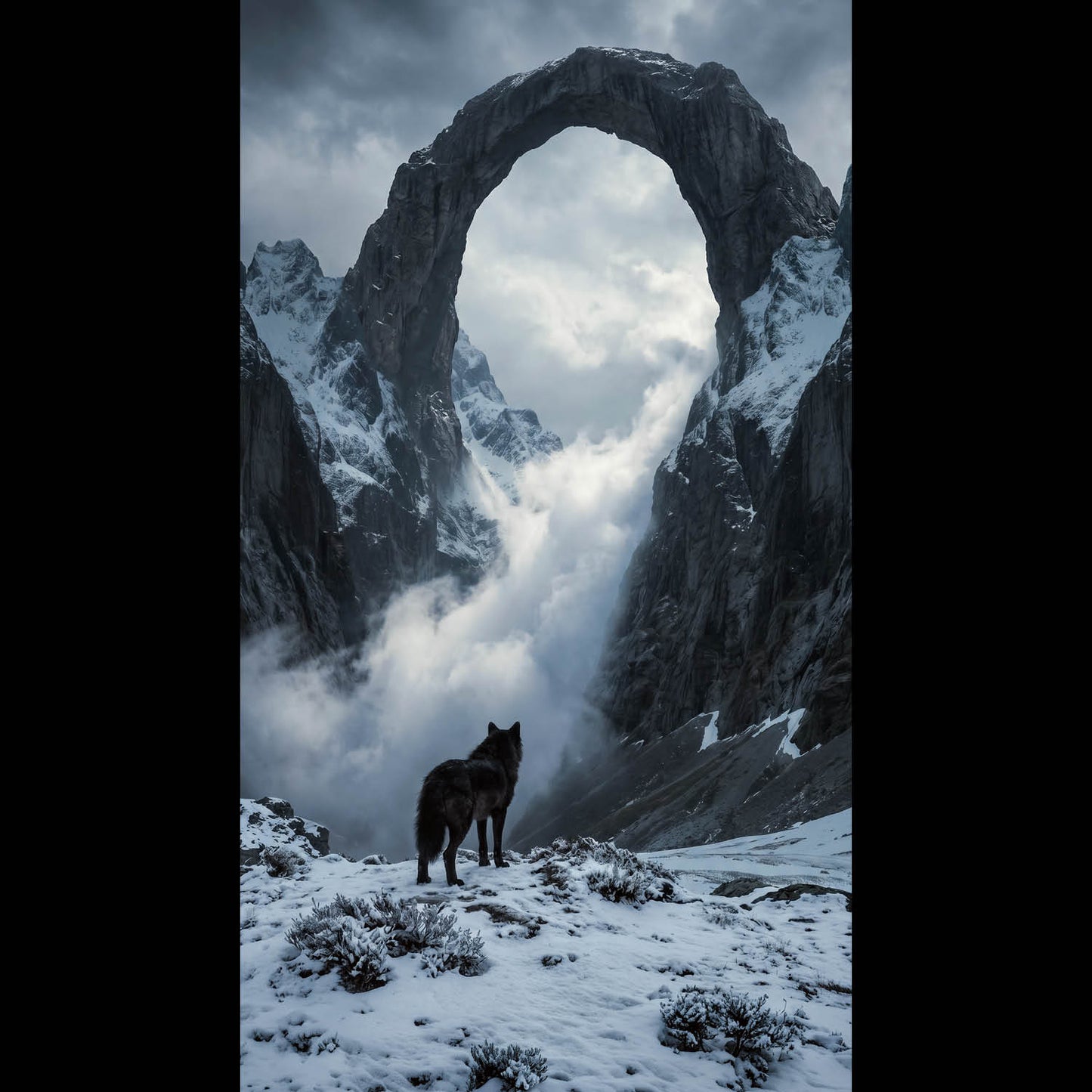 An atmospheric, 4K phone background depicting a colossal frost giant from Norse mythology towering over a misty mountain valley. The giant features glowing ice-blue eyes and a frozen beard, shrouded in thick clouds. In the foreground, a lone wolf stands sentinel on a jagged, snow-dusted cliff edge, looking up at the immense entity. The scene is cinematic, dark, and filled with a sense of mythic scale.