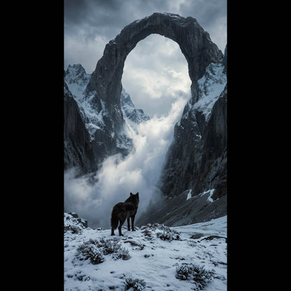 An atmospheric, 4K phone background depicting a colossal frost giant from Norse mythology towering over a misty mountain valley. The giant features glowing ice-blue eyes and a frozen beard, shrouded in thick clouds. In the foreground, a lone wolf stands sentinel on a jagged, snow-dusted cliff edge, looking up at the immense entity. The scene is cinematic, dark, and filled with a sense of mythic scale.