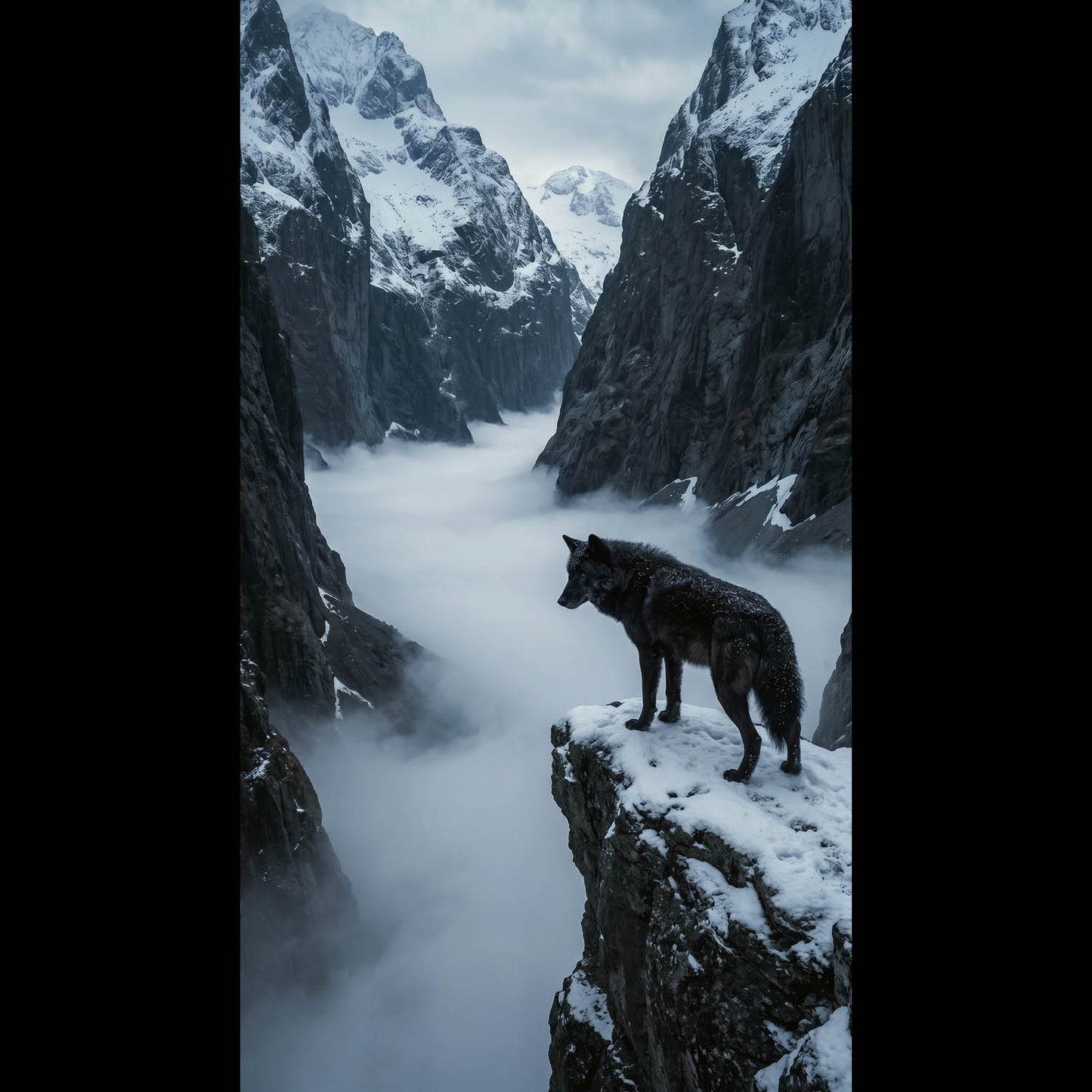 An atmospheric, 4K phone background depicting a colossal frost giant from Norse mythology towering over a misty mountain valley. The giant features glowing ice-blue eyes and a frozen beard, shrouded in thick clouds. In the foreground, a lone wolf stands sentinel on a jagged, snow-dusted cliff edge, looking up at the immense entity. The scene is cinematic, dark, and filled with a sense of mythic scale.