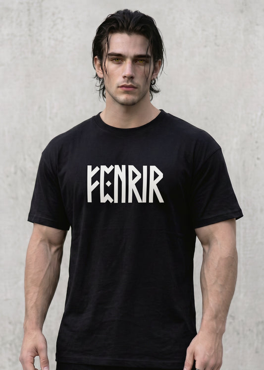 Front view of a minimalist black Fenrir T-shirt with a structured, tailored fit. Featuring a tonal Norse runic design on premium matte fabric, this piece combines a modern silhouette with authentic Viking heritage.
