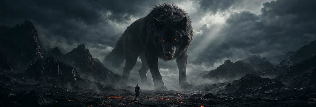 A cinematic, ultra-wide digital artwork depicting the mythical giant wolf Fenrir standing on a dark, rocky volcanic landscape strewn with glowing orange embers and thin wisps of smoke. The monstrous black wolf features coarse dark fur, a wide aggressive posture, and piercing glowing orange eyes that stare directly forward. Looming under a dramatic, storm-filled grey sky with light breaking through heavy clouds, Fenrir vastly towers over a tiny, solitary Viking warrior clad in dark armor, who stands with his