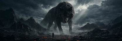 A cinematic, ultra-wide digital artwork depicting the mythical giant wolf Fenrir standing on a dark, rocky volcanic landscape strewn with glowing orange embers and thin wisps of smoke. The monstrous black wolf features coarse dark fur, a wide aggressive posture, and piercing glowing orange eyes that stare directly forward. Looming under a dramatic, storm-filled grey sky with light breaking through heavy clouds, Fenrir vastly towers over a tiny, solitary Viking warrior clad in dark armor, who stands with his