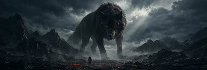 A cinematic, ultra-wide digital artwork depicting the mythical giant wolf Fenrir standing on a dark, rocky volcanic landscape strewn with glowing orange embers and thin wisps of smoke. The monstrous black wolf features coarse dark fur, a wide aggressive posture, and piercing glowing orange eyes that stare directly forward. Looming under a dramatic, storm-filled grey sky with light breaking through heavy clouds, Fenrir vastly towers over a tiny, solitary Viking warrior clad in dark armor, who stands with his