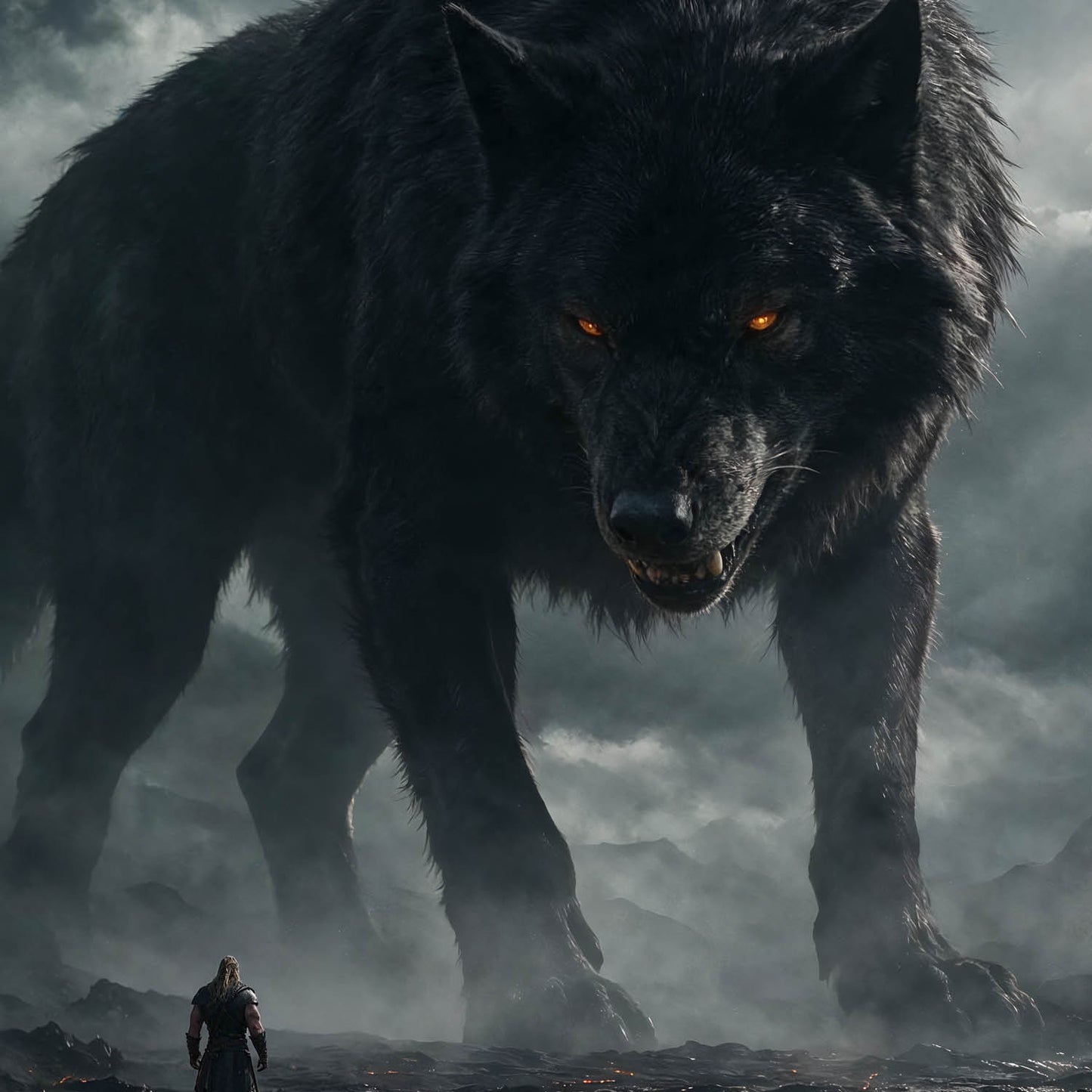 A cinematic, ultra-wide digital artwork depicting the mythical giant wolf Fenrir standing on a dark, rocky volcanic landscape strewn with glowing orange embers and thin wisps of smoke. The monstrous black wolf features coarse dark fur, a wide aggressive posture, and piercing glowing orange eyes that stare directly forward. Looming under a dramatic, storm-filled grey sky with light breaking through heavy clouds, Fenrir vastly towers over a tiny, solitary Viking warrior clad in dark armor, who stands with his