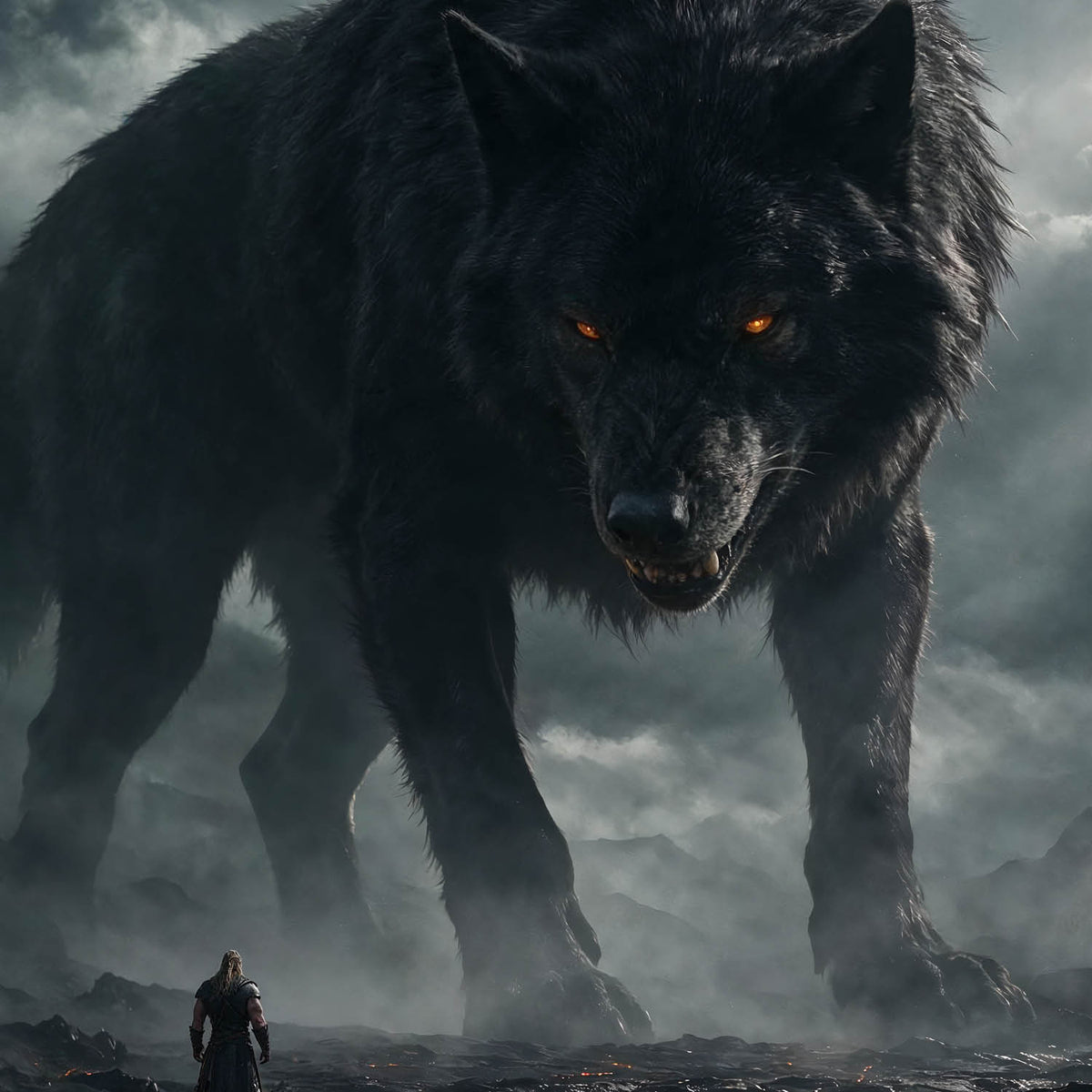 A cinematic, ultra-wide digital artwork depicting the mythical giant wolf Fenrir standing on a dark, rocky volcanic landscape strewn with glowing orange embers and thin wisps of smoke. The monstrous black wolf features coarse dark fur, a wide aggressive posture, and piercing glowing orange eyes that stare directly forward. Looming under a dramatic, storm-filled grey sky with light breaking through heavy clouds, Fenrir vastly towers over a tiny, solitary Viking warrior clad in dark armor, who stands with his