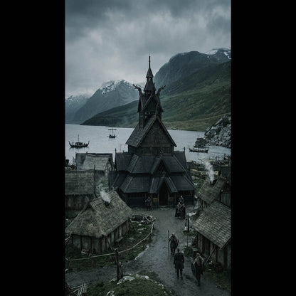 A cinematic Norse mythology iPhone wallpaper and Android background capturing the moody, atmospheric essence of the mythical realms. This high-contrast vertical composition features striking elements from the realm of Midgard under a dramatic, overcast sky, optimized as a premium mobile wallpaper and dark fantasy lockscreen for smartphone screens.
