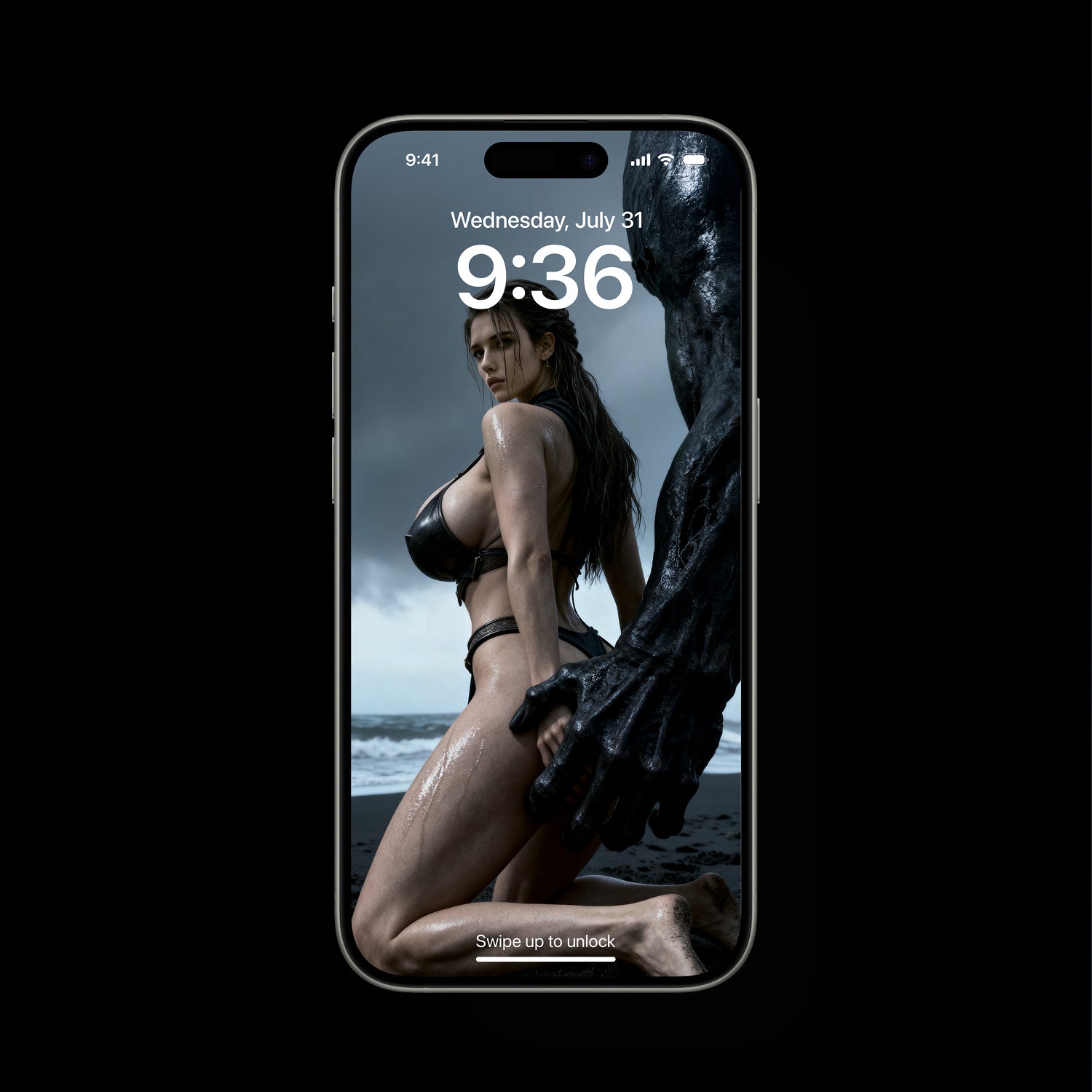 Freya, Norse goddess, captured by a towering black ghoul in a dark fantasy landscape. Cinematic lighting highlights her flowing hair and divine presence as the shadow creature looms, creating a dramatic, myth-inspired mobile wallpaper scene.