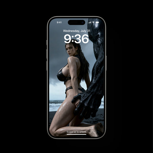 Freya, Norse goddess, captured by a towering black ghoul in a dark fantasy landscape. Cinematic lighting highlights her flowing hair and divine presence as the shadow creature looms, creating a dramatic, myth-inspired mobile wallpaper scene.