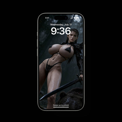 A sexy Norse Goddess, Freya, standing in a dark norse forest. A high-resolution mobile wallpaper of the Norse goddess Idunn standing against a misty mountain backdrop. She wears ornate black leather armor that highlights her athletic figure and narrow waist. Her skin is glistening, and her intense gaze creates a powerful, ethereal presence in a cinematic dark fantasy style.
