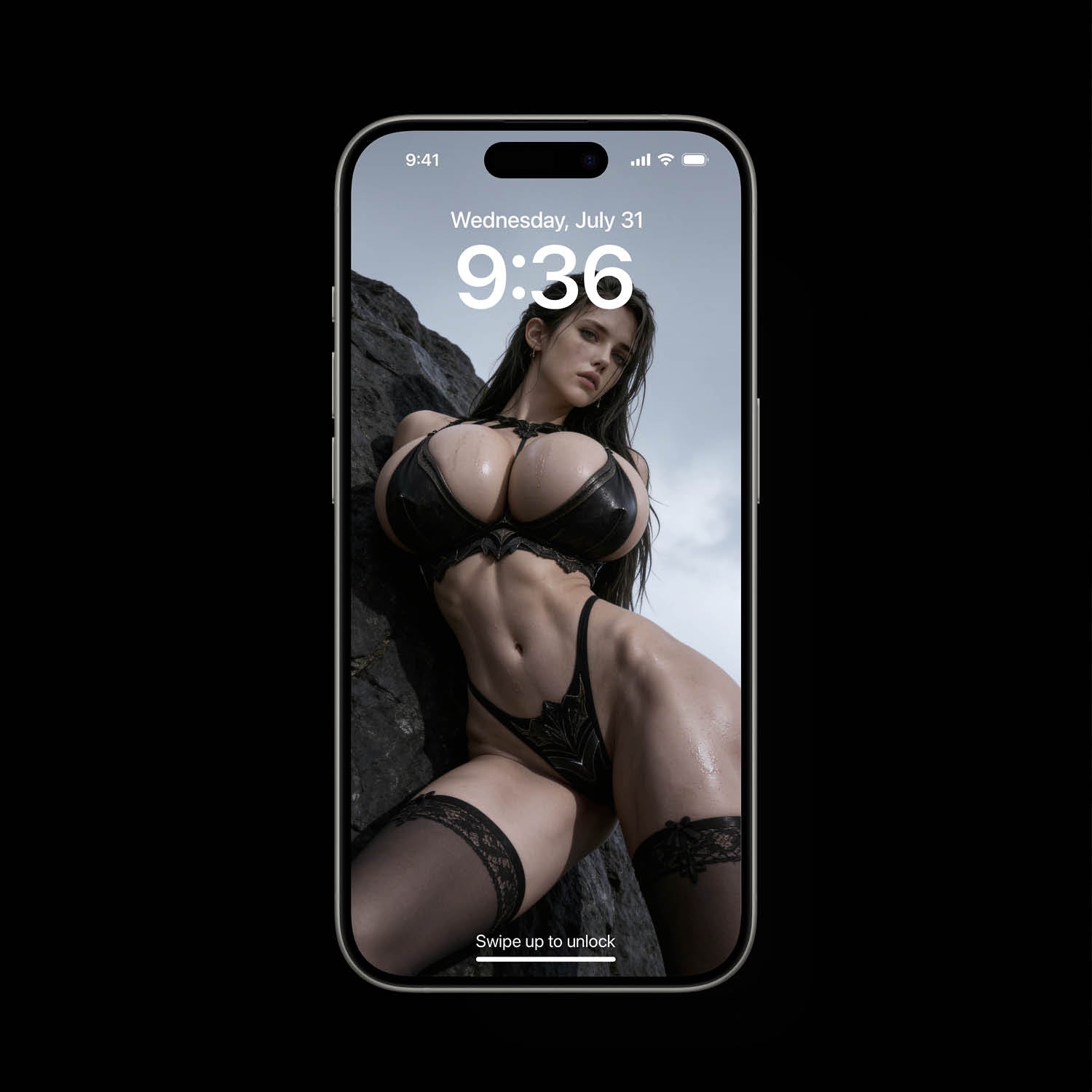 A sexy Norse Goddess, Freya, standing against a dark rock. She is wearing sleek black lingerie. A high-resolution mobile wallpaper of the Norse goddess Idunn standing against a misty mountain backdrop. She wears ornate black leather armor that highlights her athletic figure and narrow waist. Her skin is glistening, and her intense gaze creates a powerful, ethereal presence in a cinematic dark fantasy style. HD iPhone Wallpaper. HD Android Wallpaper.
