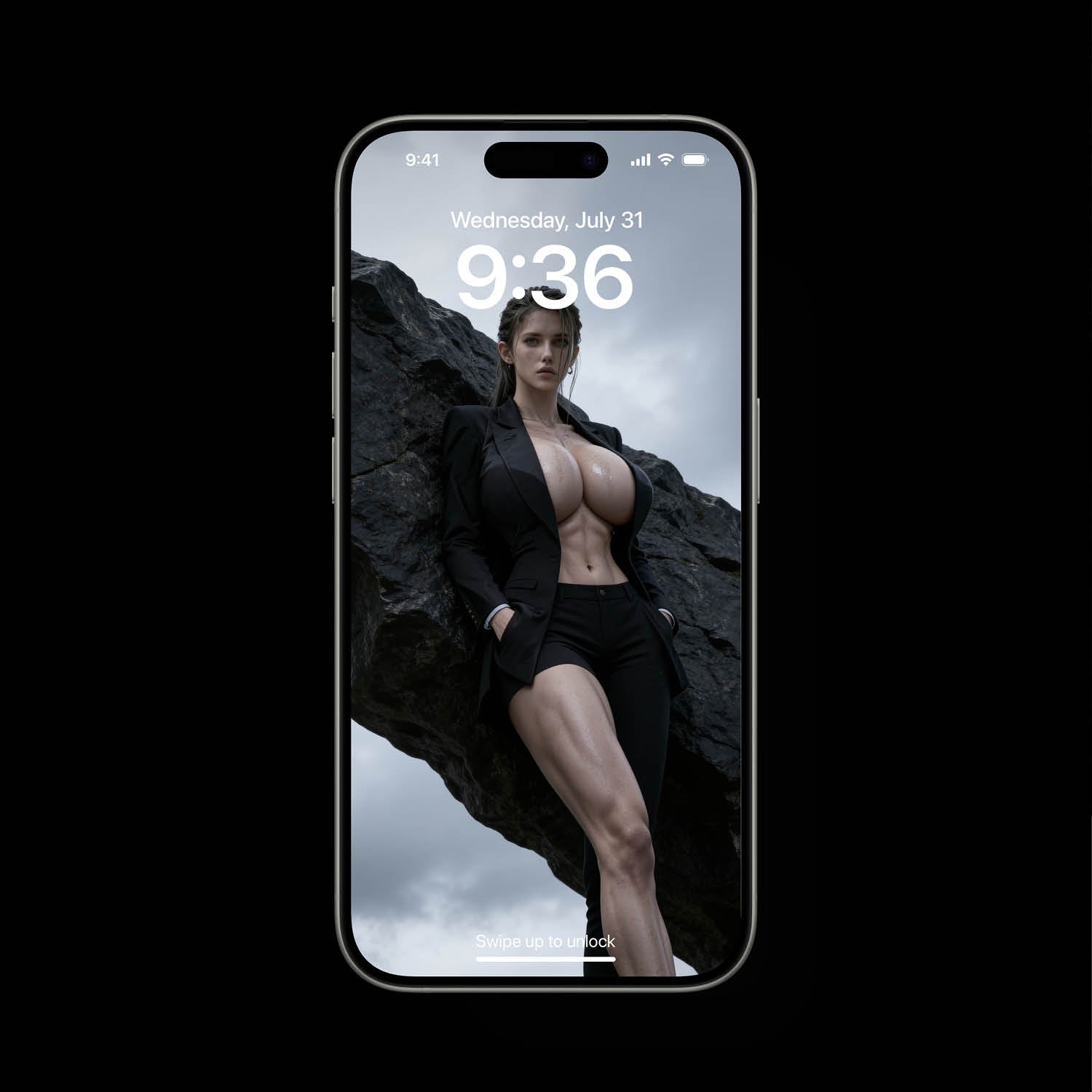 A sexy Norse Goddess, Freya, standing against a dark rock. She is wearing sleek black business outfit. office lady. Sexy OL. A high-resolution mobile wallpaper of the Norse goddess Idunn standing against a misty mountain backdrop. She wears ornate black leather armor that highlights her athletic figure and narrow waist. Her skin is glistening, and her intense gaze creates a powerful, ethereal presence in a cinematic dark fantasy style.