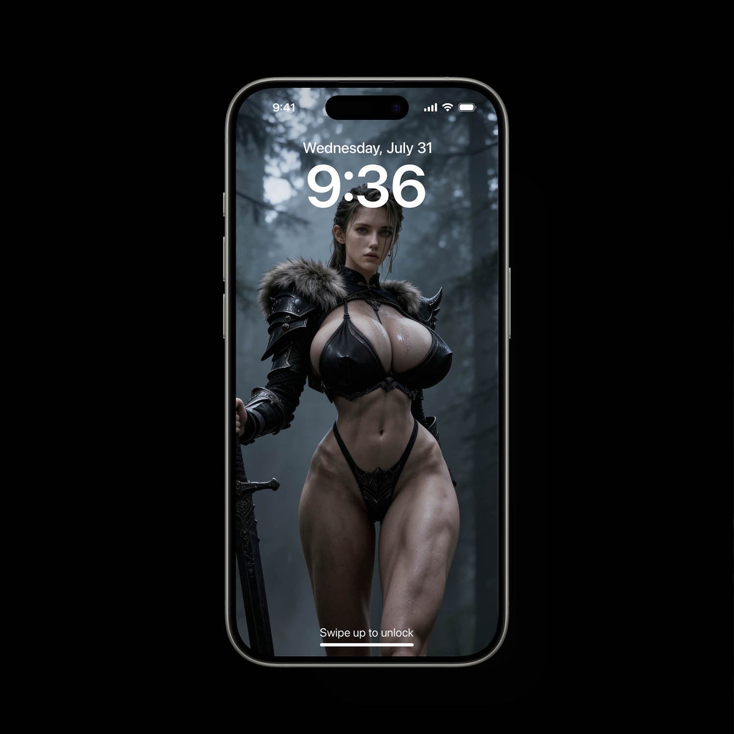 A sexy, busty Norse Goddess, Freya, standing in dark forest. She is holding a black Viking sword. A high-resolution mobile wallpaper of the Norse goddess Idunn standing against a misty mountain backdrop. She wears ornate black leather armor that highlights her athletic figure and narrow waist. Her skin is glistening, and her intense gaze creates a powerful, ethereal presence in a cinematic dark fantasy style. HD iPhone Wallpaper. HD Android Wallpaper.