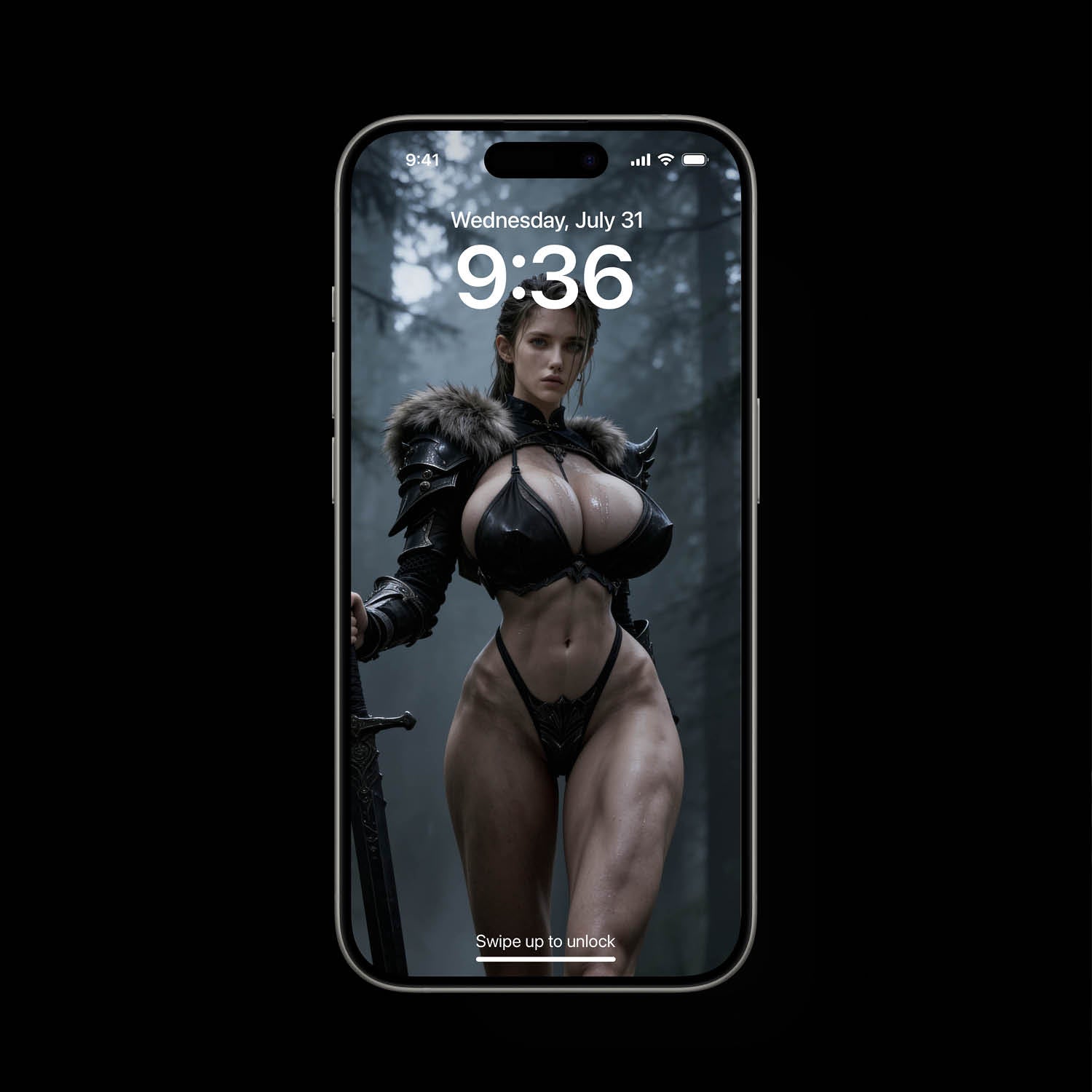 A sexy, busty Norse Goddess, Freya, standing in dark forest. She is holding a black Viking sword. A high-resolution mobile wallpaper of the Norse goddess Idunn standing against a misty mountain backdrop. She wears ornate black leather armor that highlights her athletic figure and narrow waist. Her skin is glistening, and her intense gaze creates a powerful, ethereal presence in a cinematic dark fantasy style. HD iPhone Wallpaper. HD Android Wallpaper.