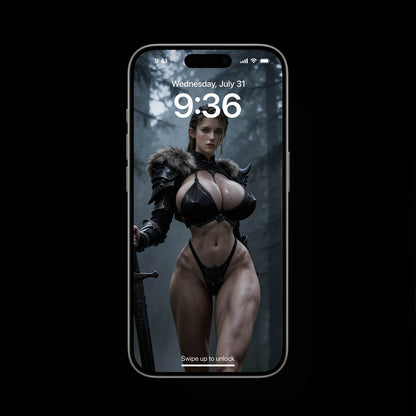 A sexy, busty Norse Goddess, Freya, standing in dark forest. She is holding a black Viking sword. A high-resolution mobile wallpaper of the Norse goddess Idunn standing against a misty mountain backdrop. She wears ornate black leather armor that highlights her athletic figure and narrow waist. Her skin is glistening, and her intense gaze creates a powerful, ethereal presence in a cinematic dark fantasy style. HD iPhone Wallpaper. HD Android Wallpaper.