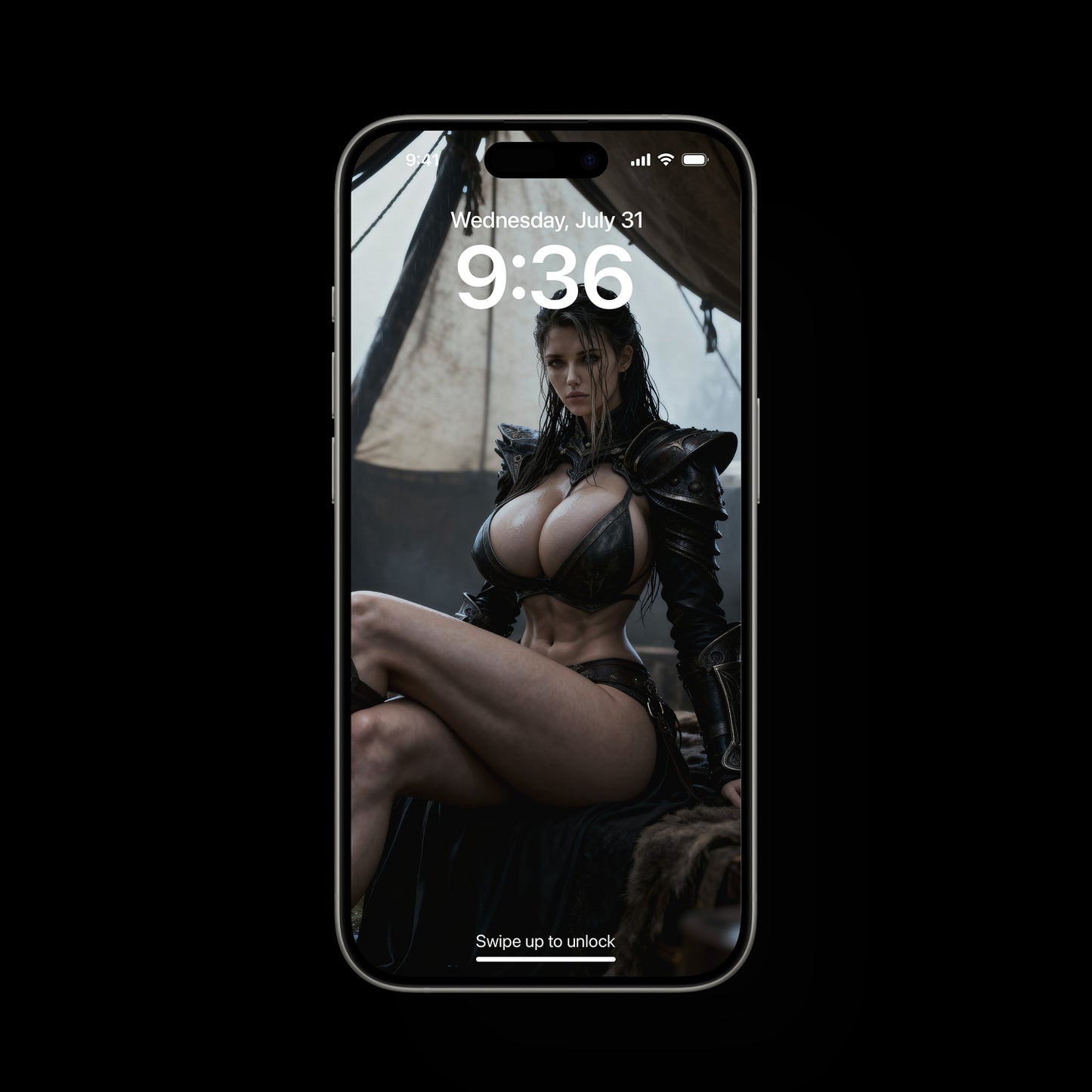 Freya, the Norse goddess and Valkyrie, sits inside a dimly lit tent, slowly removing her shoulder armor. A quiet warrior’s moment of rest, cinematic fantasy artwork available as a mobile wallpaper.