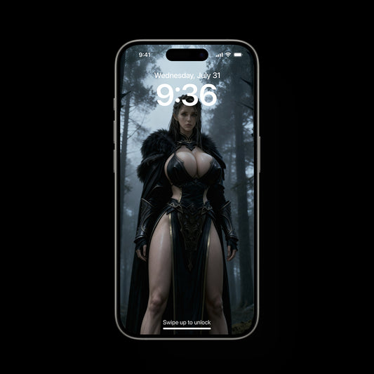 Sexy Valkyrie, Freya is standing in a dark Nordic forest, featured as a mobile live wallpaper. Sexy iPhone Wallpaper and Android Wallpapers