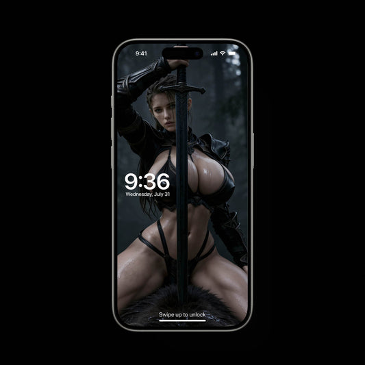 A sexy Norse Goddess, Freya, holding a black Viking sword, sitting on a bear. She is wearing sleek black lingerie. A high-resolution mobile wallpaper of the Norse goddess Idunn standing against a misty mountain backdrop. She wears ornate black leather armor that highlights her athletic figure and narrow waist. Her skin is glistening, and her intense gaze creates a powerful, ethereal presence in a cinematic dark fantasy style. HD iPhone Wallpaper. HD Android Wallpaper.