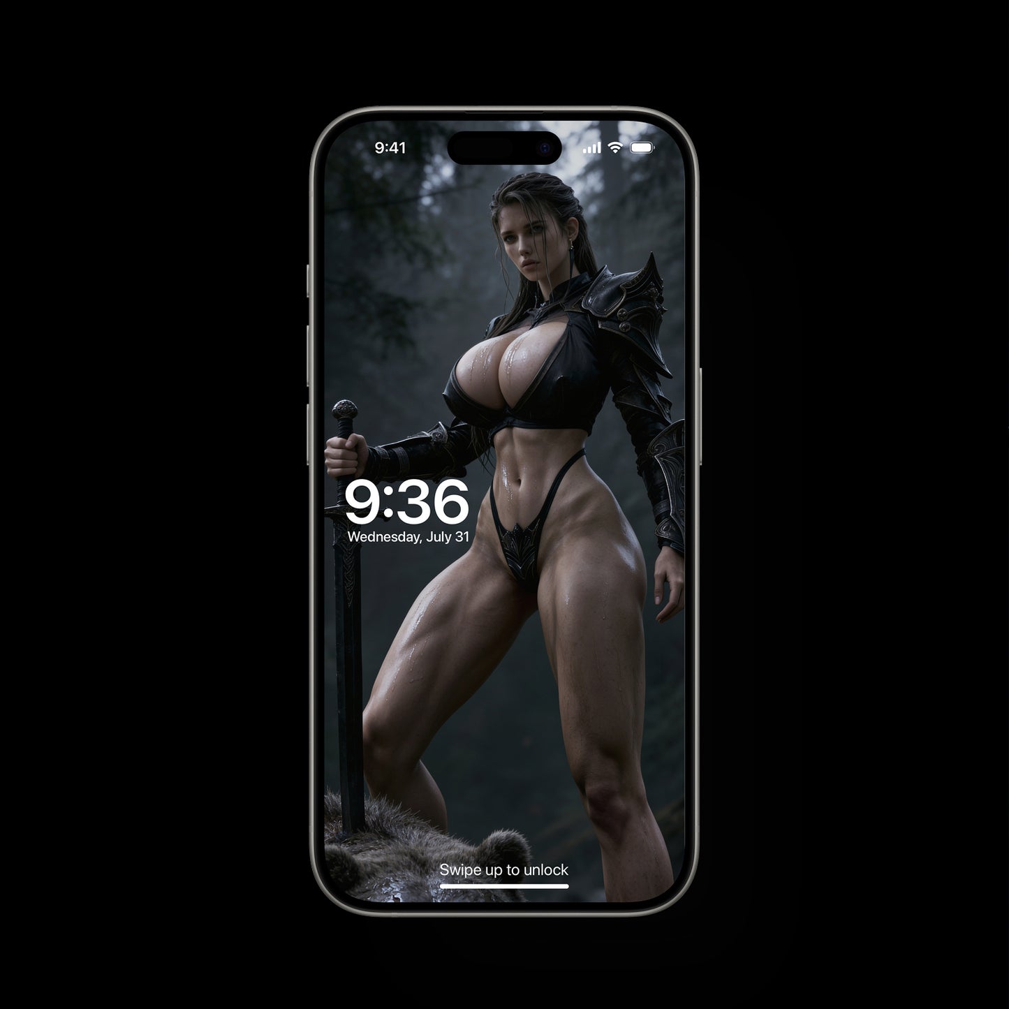 A sexy Norse Goddess, Freya, defeated a huge grizzly. A high-resolution mobile wallpaper of the Norse goddess Idunn standing against a misty mountain backdrop. She wears ornate black leather armor that highlights her athletic figure and narrow waist. Her skin is glistening, and her intense gaze creates a powerful, ethereal presence in a cinematic dark fantasy style.