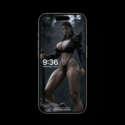 A sexy Norse Goddess, Freya, defeated a huge grizzly. A high-resolution mobile wallpaper of the Norse goddess Idunn standing against a misty mountain backdrop. She wears ornate black leather armor that highlights her athletic figure and narrow waist. Her skin is glistening, and her intense gaze creates a powerful, ethereal presence in a cinematic dark fantasy style.