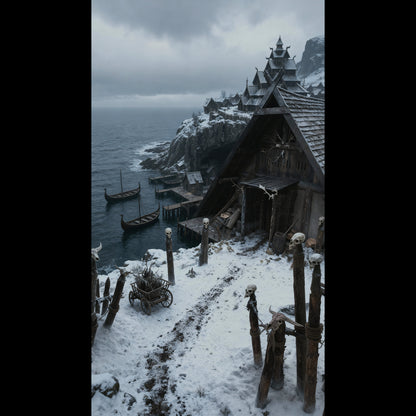 A winter Viking village by the coast mobile wallpaper